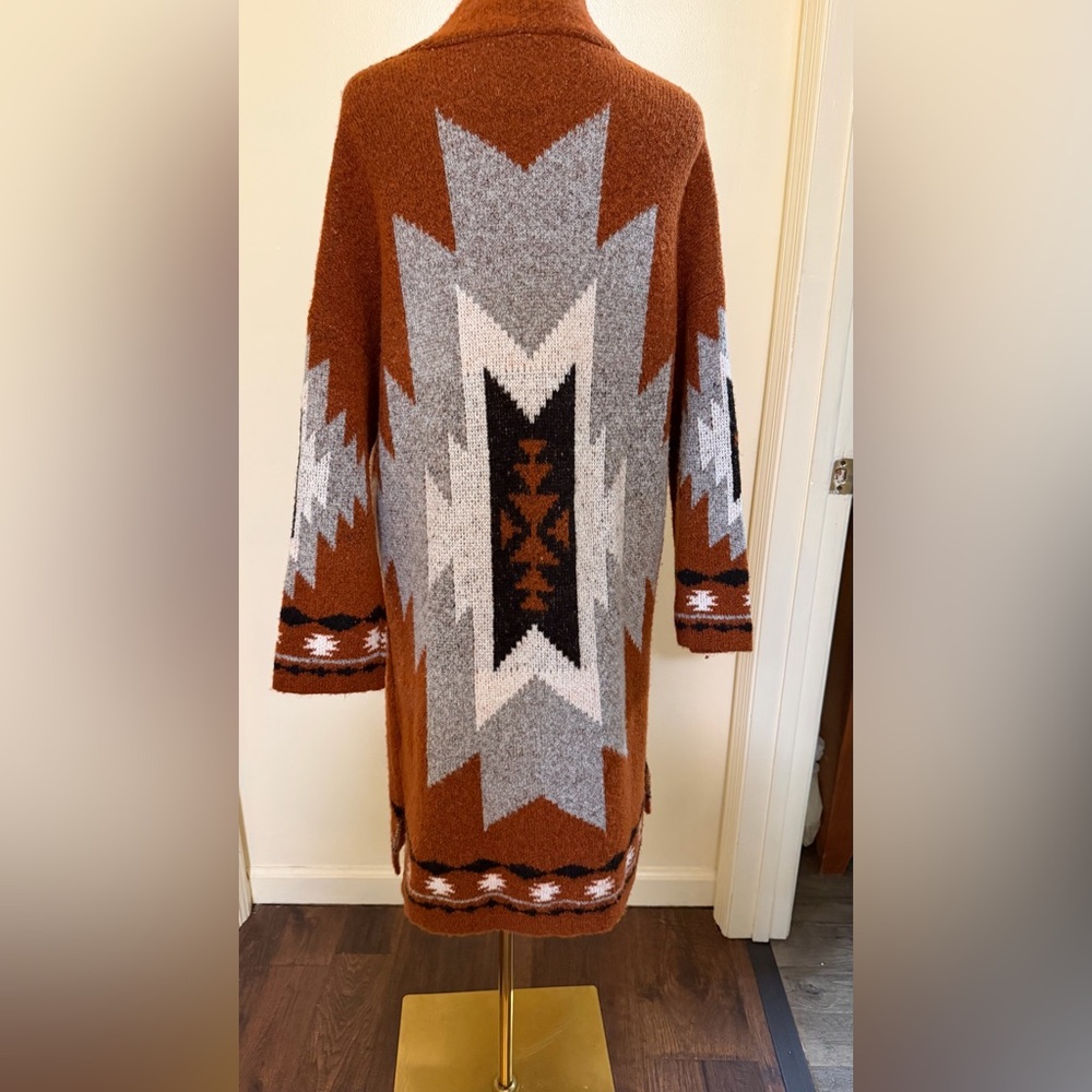 Rust Geo-Pattern Open Front Cardigan Sweater for … - image 9
